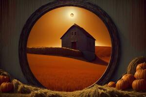 A Painting Of A Barn Surrounded By Hay And Pumpkins. AI Generated photo