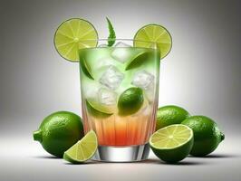 A Drink With Limes And Ice In A Glass. AI Generated photo