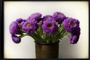 un florero lleno con púrpura flores en parte superior de un mesa. ai generado foto