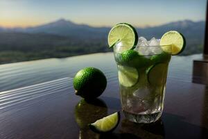A Close Up Of A Drink With Limes On A Table. AI Generated photo