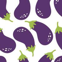 Cartoon seamless pattern with bright eggplants on a white background. Texture for textiles, packaging, wallpapers. Vector illustration.