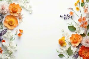 encantador flores y hojas en blanco antecedentes ai generado foto