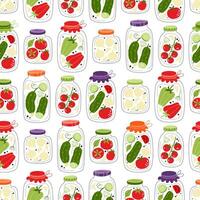 Vector pattern with canned tomatoes, cucumbers and peppers in jars.