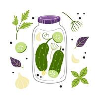 Vector set with canned cucumbers and spices.