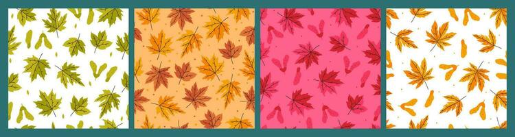 Set of seamless patterns with autumn maple leaves and seeds. Vector graphics.