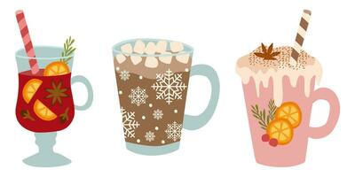 Vector Collection of Hot Winter drinks. Hot chocolate, Coffee, Cocoa with Whipped cream and Marshmallow, Mulled wine. Autumn and winter holidays decoration. Isolated vector Flat style illustration.