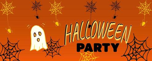 Vector Halloween background horizontal banner with ghost, spider, spider web. Advertising copy space