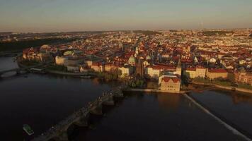 Prague view and Charles Bridge, aerial shot video