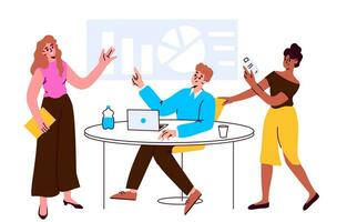 A team of business people discuss scheduling and business development. Working together in the office. Flat vector illustration on white background