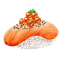 Watercolor and painting for cute Salmon sushi with Caviar. Digital painting dessert illustration holiday concept. png