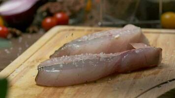 professioneel chef zouten wit vis steak. langzaam beweging dichtbij omhoog video