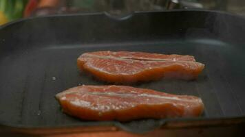 dichtbij omhoog professioneel chef grillen rood vis filet steak. langzaam beweging video