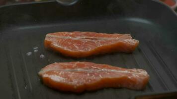 Close up professional chef grilling red fish fillet steak. Slow motion video