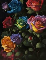 Multicolored roses. Watercolor digital 2D painting. Painted flowers. Floral pattern. Background for design projects. Ornament for fabric and packaging design. Generative AI. photo