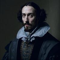 Portrait of a middle-aged man who looks like the English poet and playwright William Shakespeare. The illustration was created using artificial intelligence, a neural network. . photo