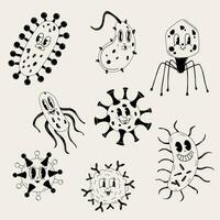 Set of Cute Cartoon black and white bacteria, virus character. Old animation 60s 70s, funny cartoon characters. Trendy illustration in retro style. vector