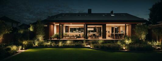 Modern house with garden at night. AI generated photo