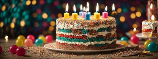 Birthday cake decorated with colorful sprinkles and  candles. AI generated photo