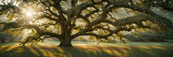 old oak tree foliage in morning light with sunlight. AI generated photo