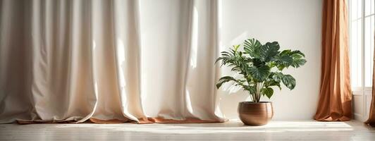 Plant against a white wall mockup. White wall mockup with brown curtain, plant and wood floor. 3D illustration.. AI generated photo