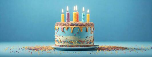 Birthday cake decorated with colorful sprinkles and  candles. AI generated photo