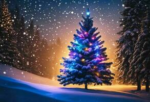 Decorated Christmas tree stands against a snowy backdrop, AI-generated. photo