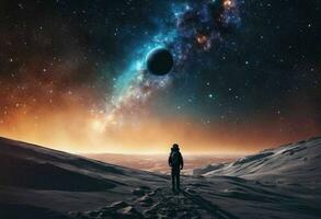 Astronaut on an icy rocky surface with the sky filled with stars and galaxies, AI-generated photo