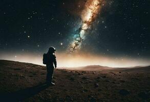 Astronaut on an icy rocky surface with the sky filled with stars and galaxies, AI-generated photo