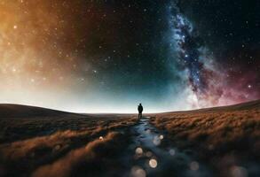 Astronaut on an icy rocky surface with the sky filled with stars and galaxies, AI-generated photo