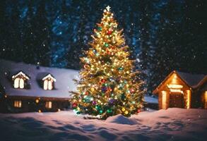 Decorated Christmas tree stands against a snowy backdrop, AI-generated. photo