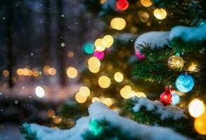 decorado Navidad árbol soportes en contra un Nevado fondo, ai-generado. foto