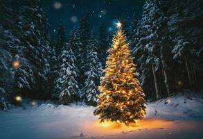 Decorated Christmas tree stands against a snowy backdrop, AI-generated. photo