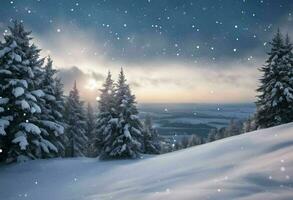 Picturesque view of a snow-covered mountain range illuminated by a vibrant sunset, AI-generated. photo