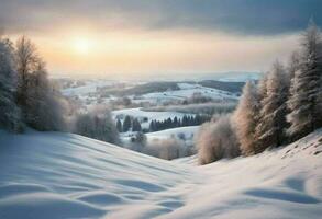 Picturesque view of a snow-covered mountain range illuminated by a vibrant sunset, AI-generated. photo