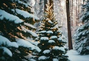 Decorated Christmas tree stands against a snowy backdrop, AI-generated. photo