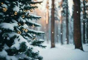 decorado Navidad árbol soportes en contra un Nevado fondo, ai-generado. foto