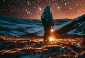 astronauta en un glacial rocoso superficie con el cielo lleno con estrellas y galaxias, generado por ai foto