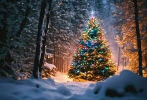 Decorated Christmas tree stands against a snowy backdrop, AI-generated. photo