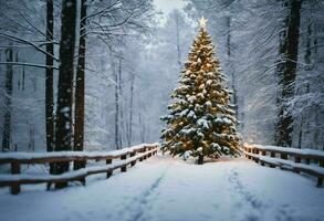 Decorated Christmas tree stands against a snowy backdrop, AI-generated. photo