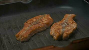 schließen oben Fachmann Koch Grillen rot Fisch Filet Steak. schleppend Bewegung video