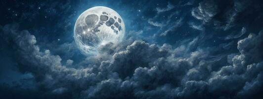 Romantic Moon In Starry Night Over Clouds. AI generated photo