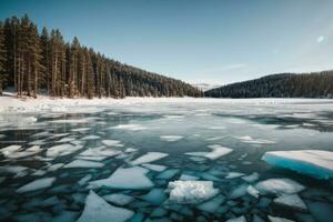 Blue ice and cracks on the surface of the ice. Frozen lake under a blue sky in the winter. The hills of pines. Winter. Carpathian, Ukraine, Europe.. AI generated photo