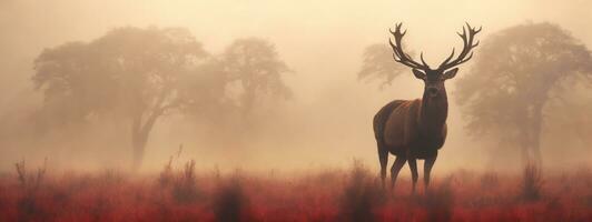 Red deer stag silhouette in the mist. AI generated photo