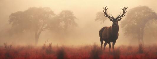 Red deer stag silhouette in the mist. AI generated photo