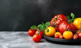 Fresh tomato photo background with copy space area. AI generative