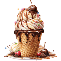 Ice cream in waffle cup with chocolate and cherry on a transparent background AI Generative png