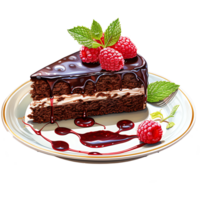 Chocolate cake with whipped cream and raspberries on a transparent background AI Generative png