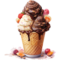 Ice cream in waffle cone watercolor sublimation on a transparent background AI Generative png