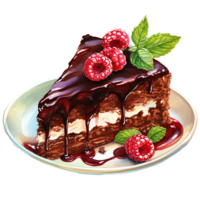 Chocolate cake with whipped cream and raspberries on a transparent background AI Generative png