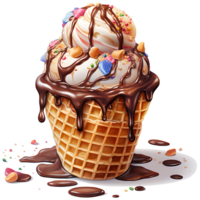 Ice cream in waffle cone watercolor sublimation on a transparent background AI Generative png